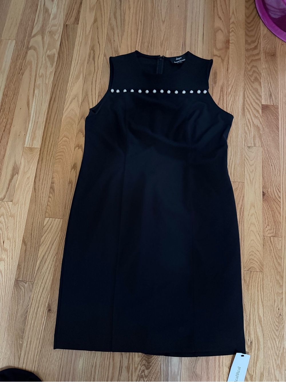 dennis basso Black Midi Sheath Dress with Pearl Trim